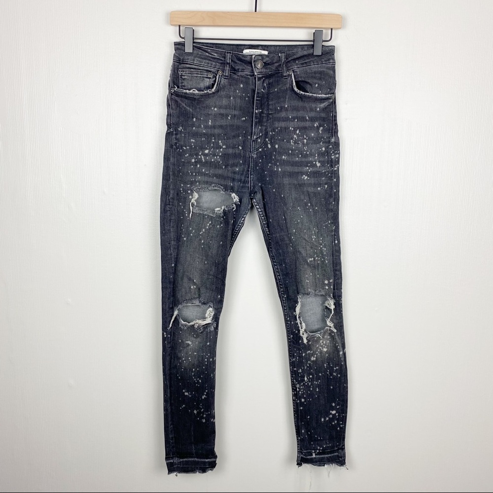 ZARA WOMAN Premium Denim‎ Skinny High Rise Distressed Black Splatter Jeans Sz 6